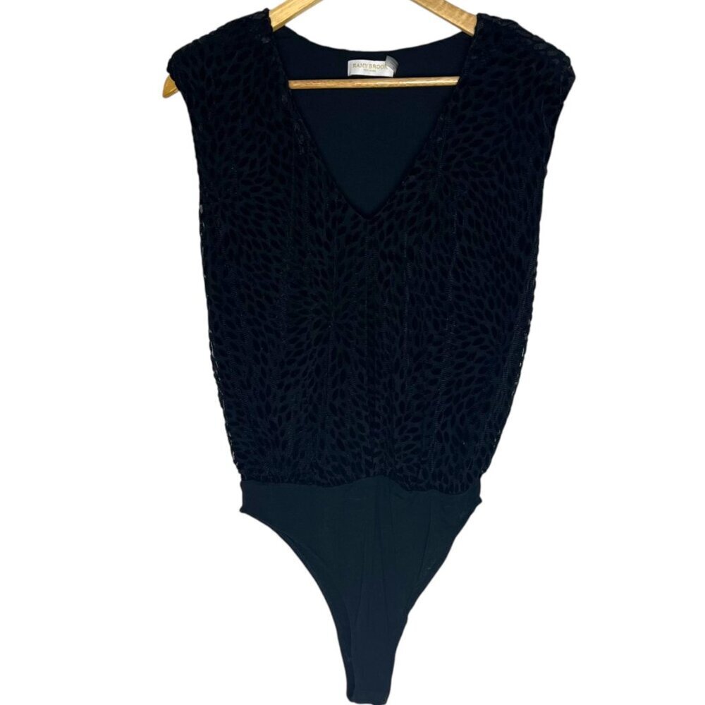 Ramy Brook Women's M Regina Cap Sleeve Bodysuit Black Flocked Velvet Dot Print